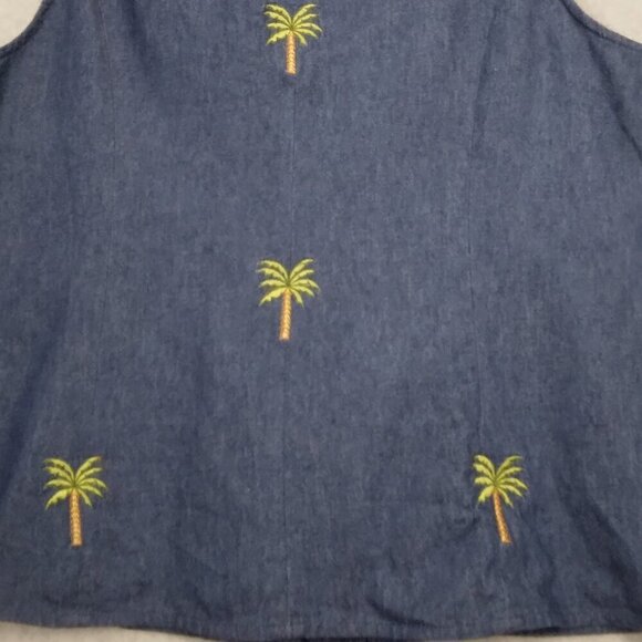 Anne Carson | Blue Denim Embroidered Sleeveless Top Palm Tree | Size L - Picture 5 of 7